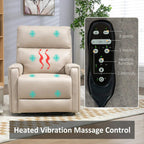 Beige recliner chair with heated vibration massage remote and control interface