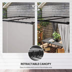 Grey side curtain panels on a metal pergola with retractable canopy coverage
