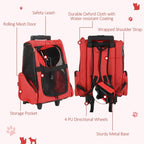Red pet rolling backpack carrier with mesh door, safety leash, and storage pocket