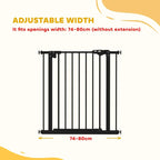 Black safety gate with vertical bars, adjustable fit opening width diagram.