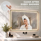 Black rectangle LED bathroom mirror with glowing frame and touch control icons
