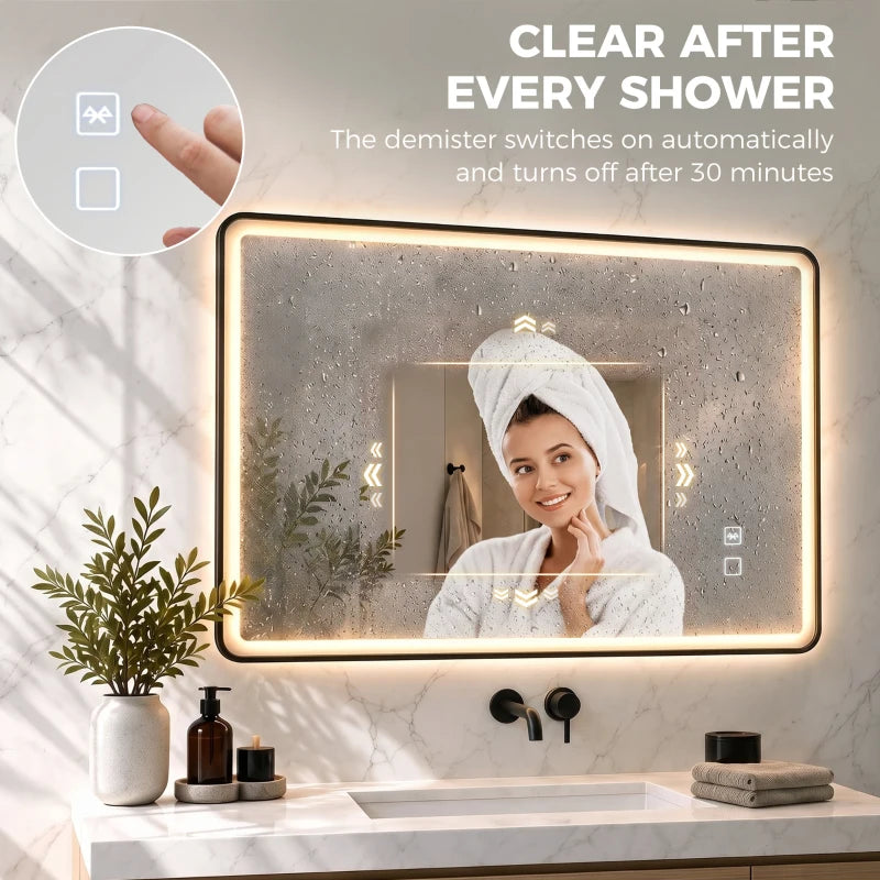 Black rectangle LED bathroom mirror with glowing frame and touch control icons