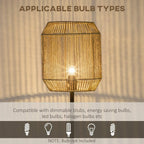 Hexagon rattan lampshade over lit bulb on a black floor lamp