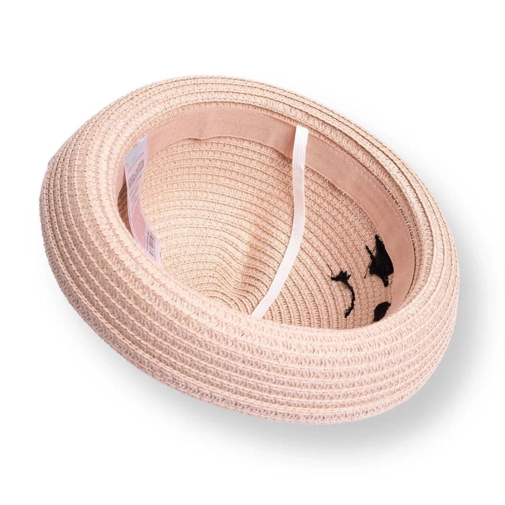Light pink straw baby hat inside view with stitched brim and cat embroidery