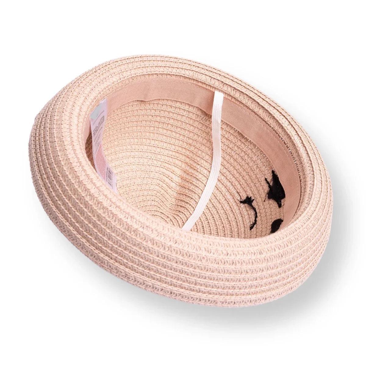 Light pink straw baby hat inside view with stitched brim and cat embroidery