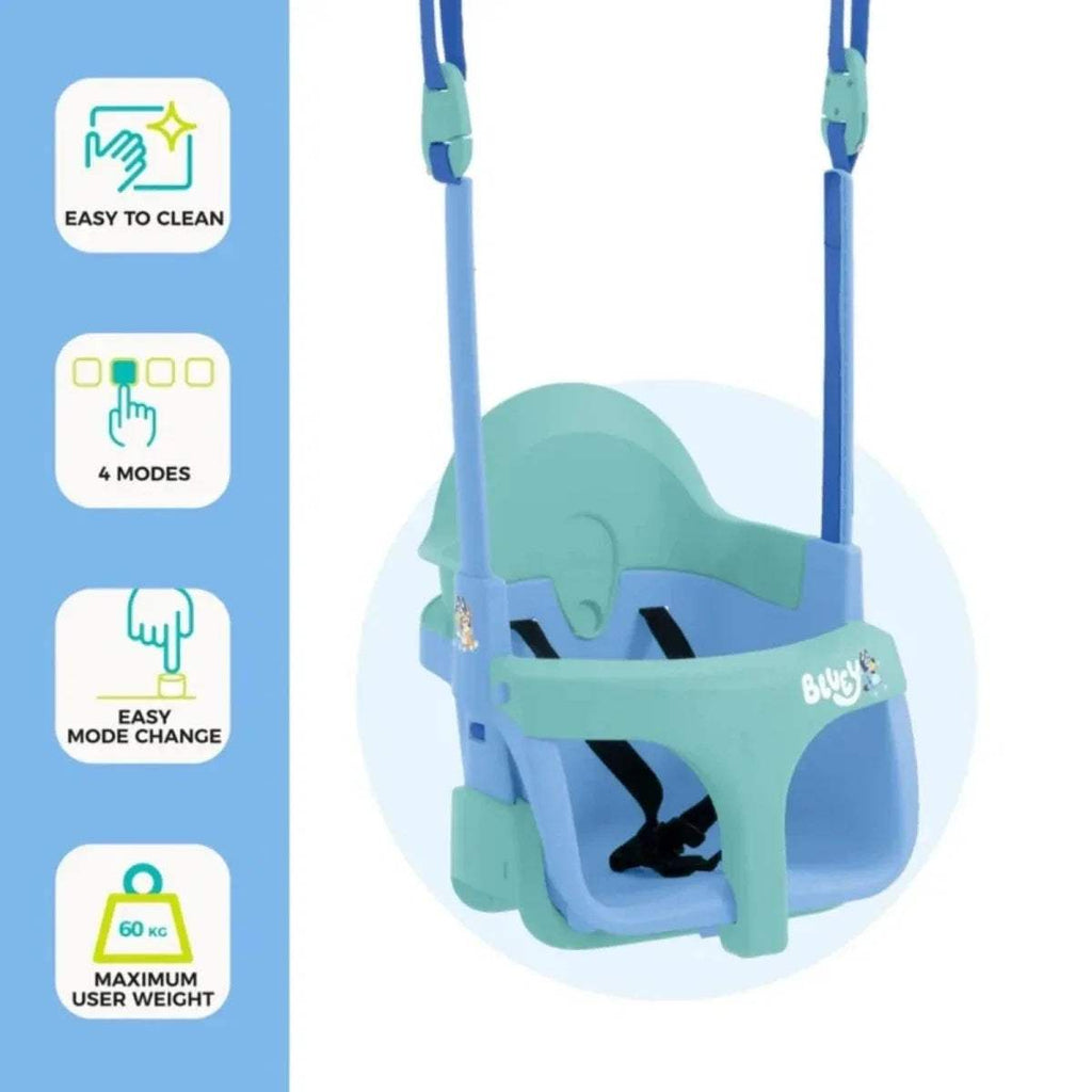 Blue and turquoise swing seat close-up with easy-clean and 4 mode icons.