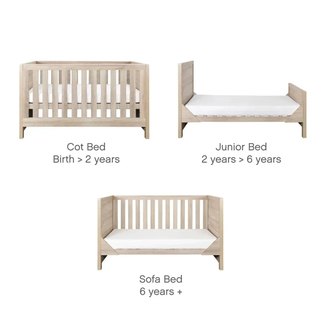 Convertible light oak bed layouts: cot, junior, and sofa bed