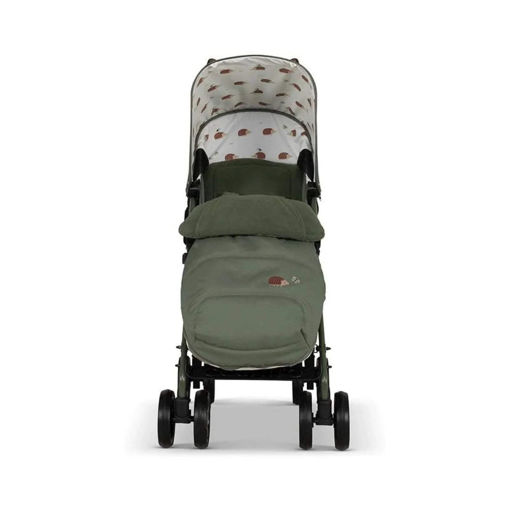 Cosatto Supa 3 stroller front view with hedgehog-print canopy and green footmuff