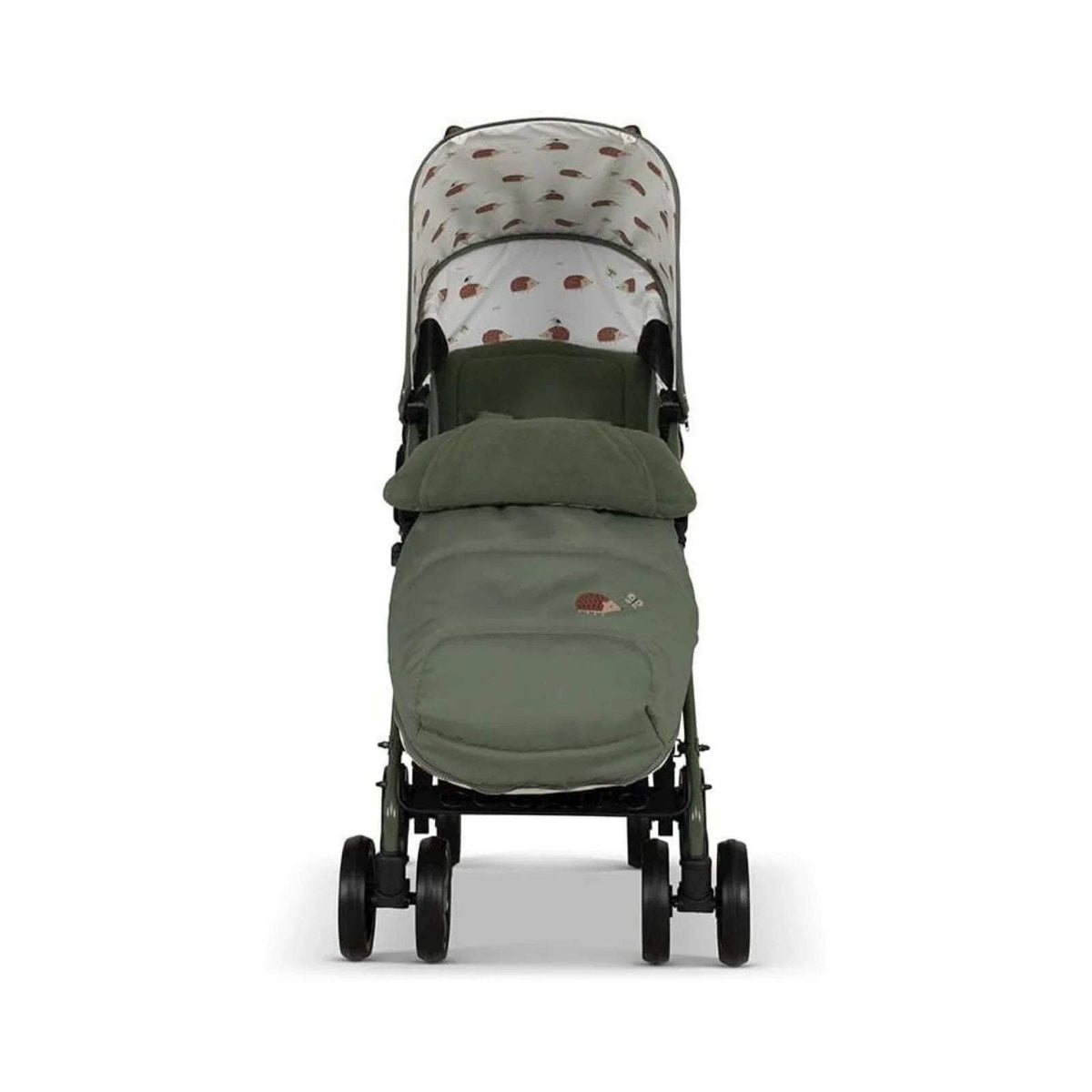 Cosatto Supa 3 stroller front view with hedgehog-print canopy and green footmuff