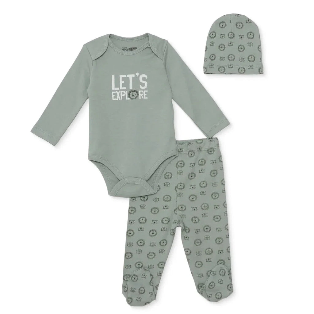 Green long-sleeve bodysuit, footed patterned pants, and matching animal-print hat set