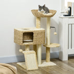 Beige cat tree tower with woven top perch, side condo, ramp, and hanging toy ball