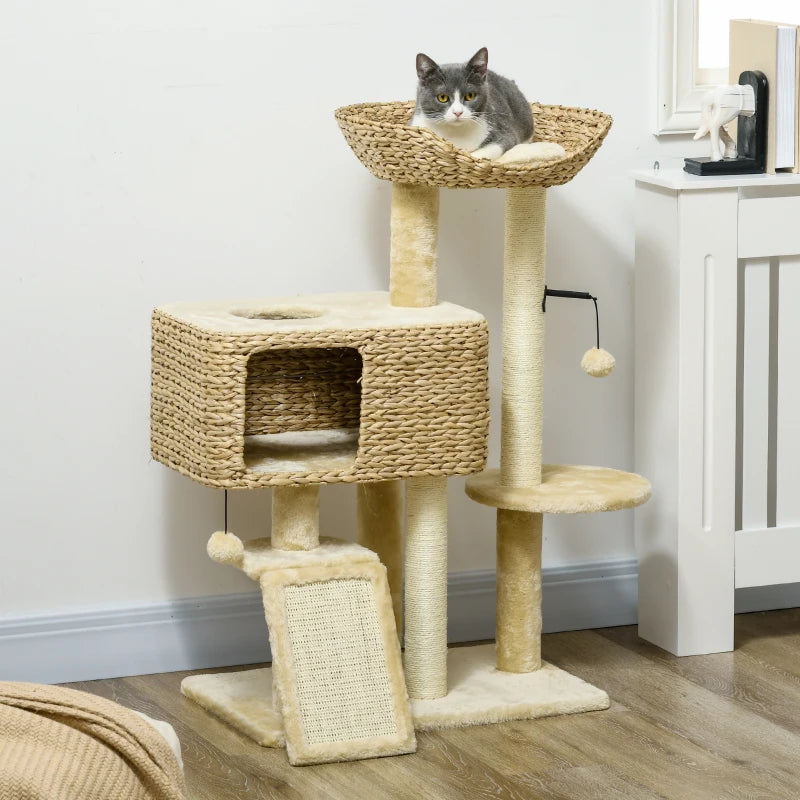 Beige cat tree tower with woven top perch, side condo, ramp, and hanging toy ball