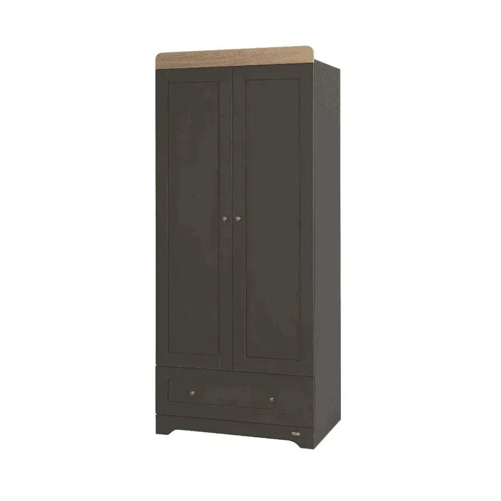 Slate gray kids wardrobe with honey oak top, two door panels and slim lower drawers.