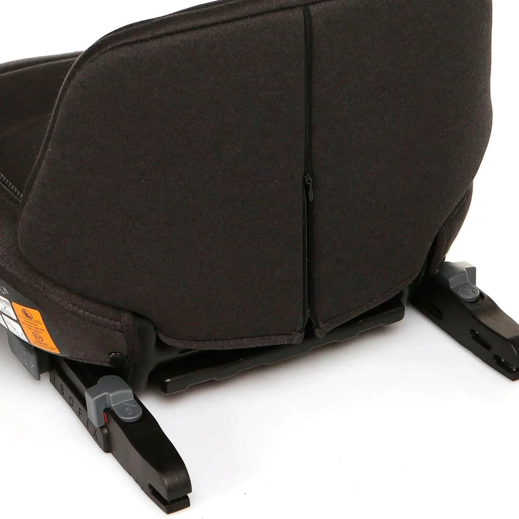 Black booster car seat base with adjustable leg stands and strap guides
