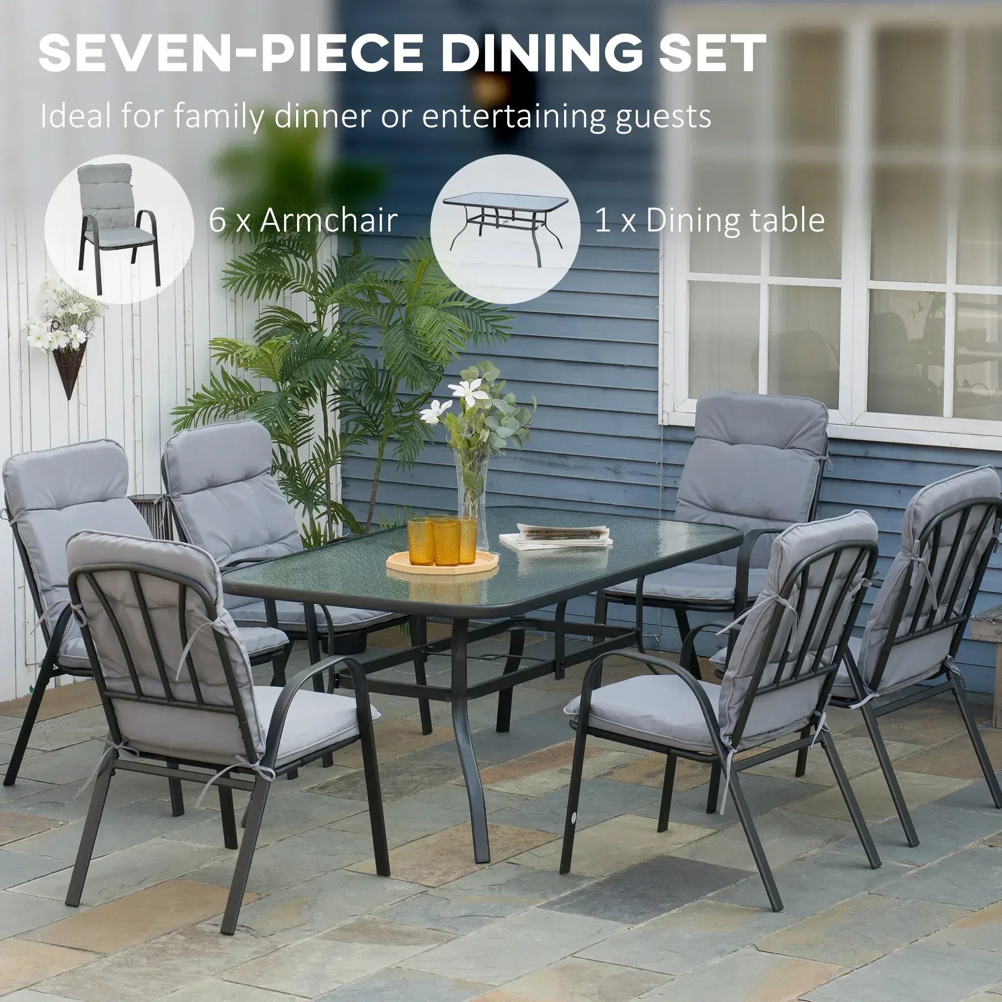 Seven-Piece Garden Dining Set with Cushions - Grey - Bobobiy