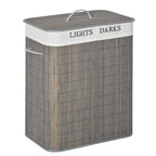 Grey collapsible laundry hamper with hinged lid, string handles, and fabric liner inside