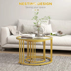 Gold round nesting coffee table set of 2 with tempered glass top and steel base