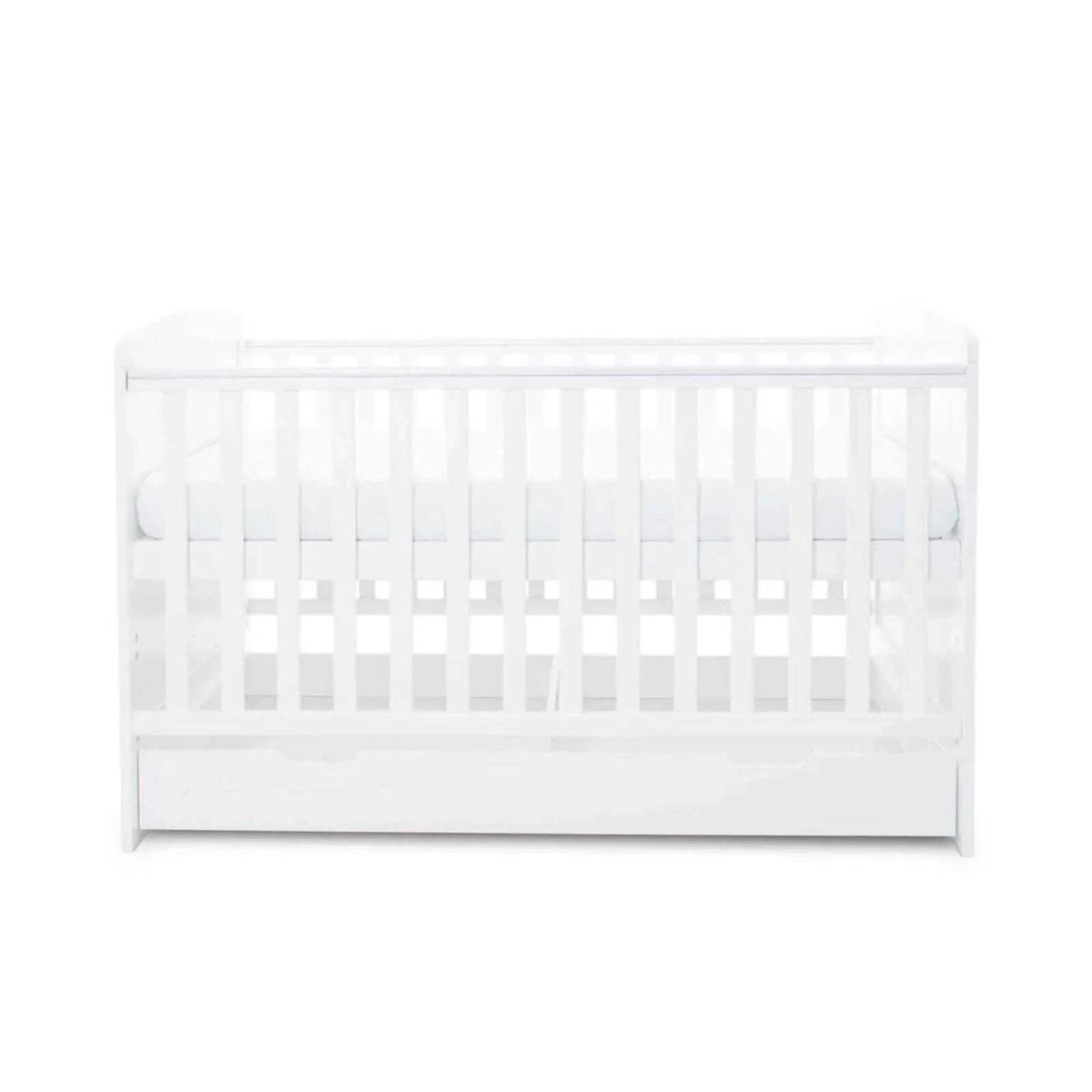 White cot bed front view with vertical slats and drawer underneath