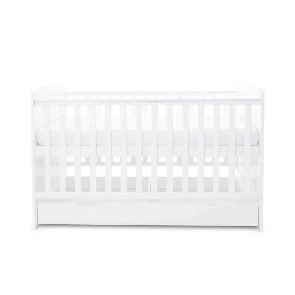 White cot bed with under drawer, back view with vertical rail bars