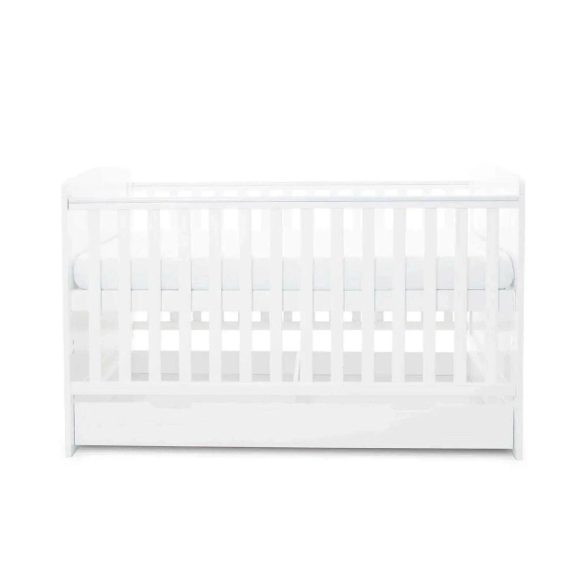 White cot bed with under drawer, back view with vertical rail bars
