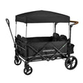 Black quad stroller wagon with canopy and push/pull handle, four-wheel frame