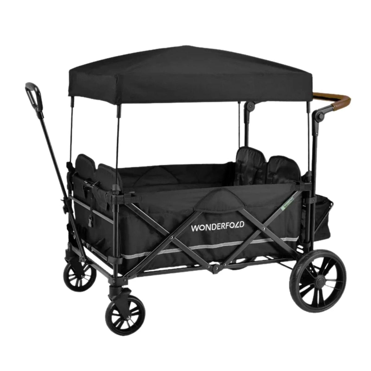 Black quad stroller wagon with canopy and push/pull handle, four-wheel frame