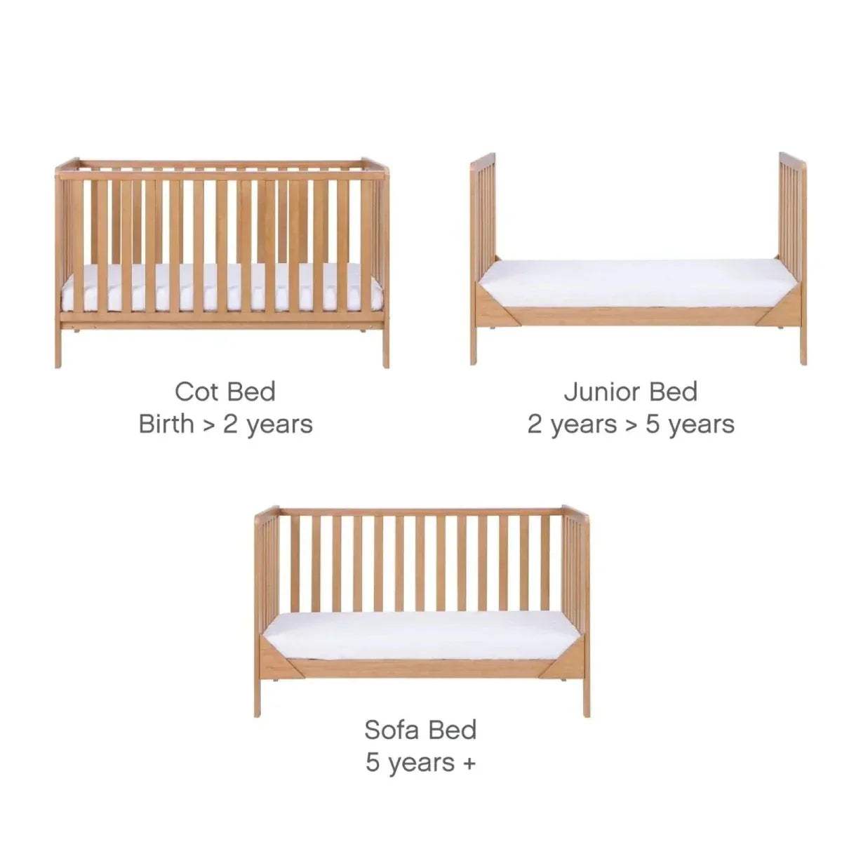 Convertible honey oak cot bed showing birth-to-sofa bed stages in one frame