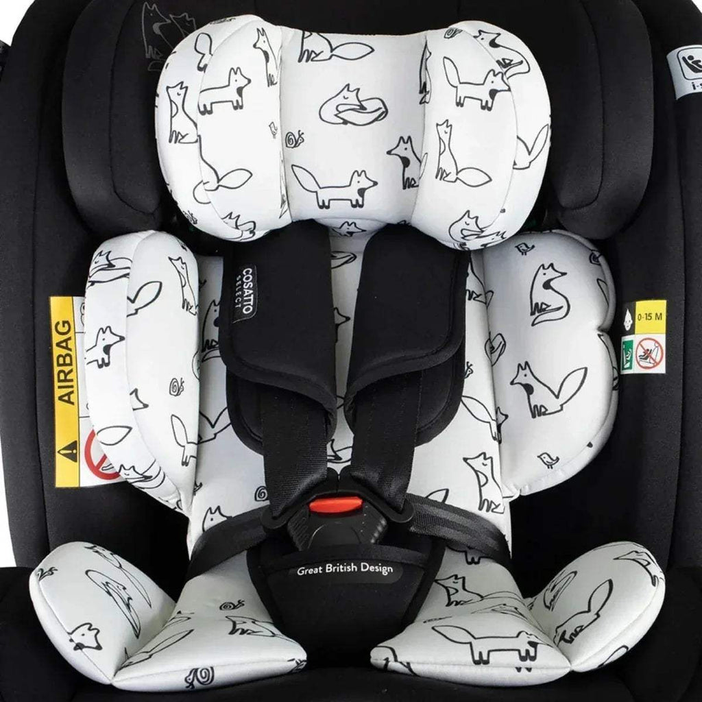 Cosatto i-Size 360 car seat cushion set in black with white dog print side supports