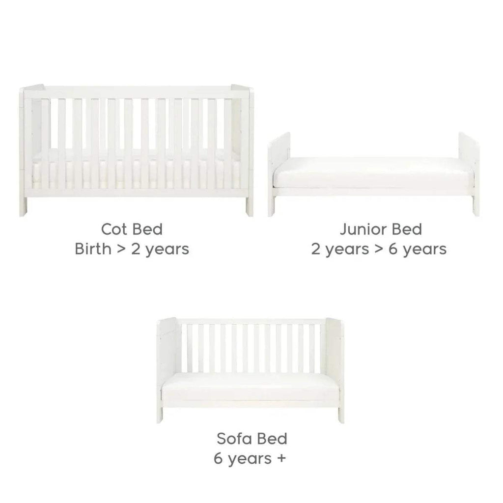 White convertible cot bed diagram showing cot, junior, and sofa bed positions