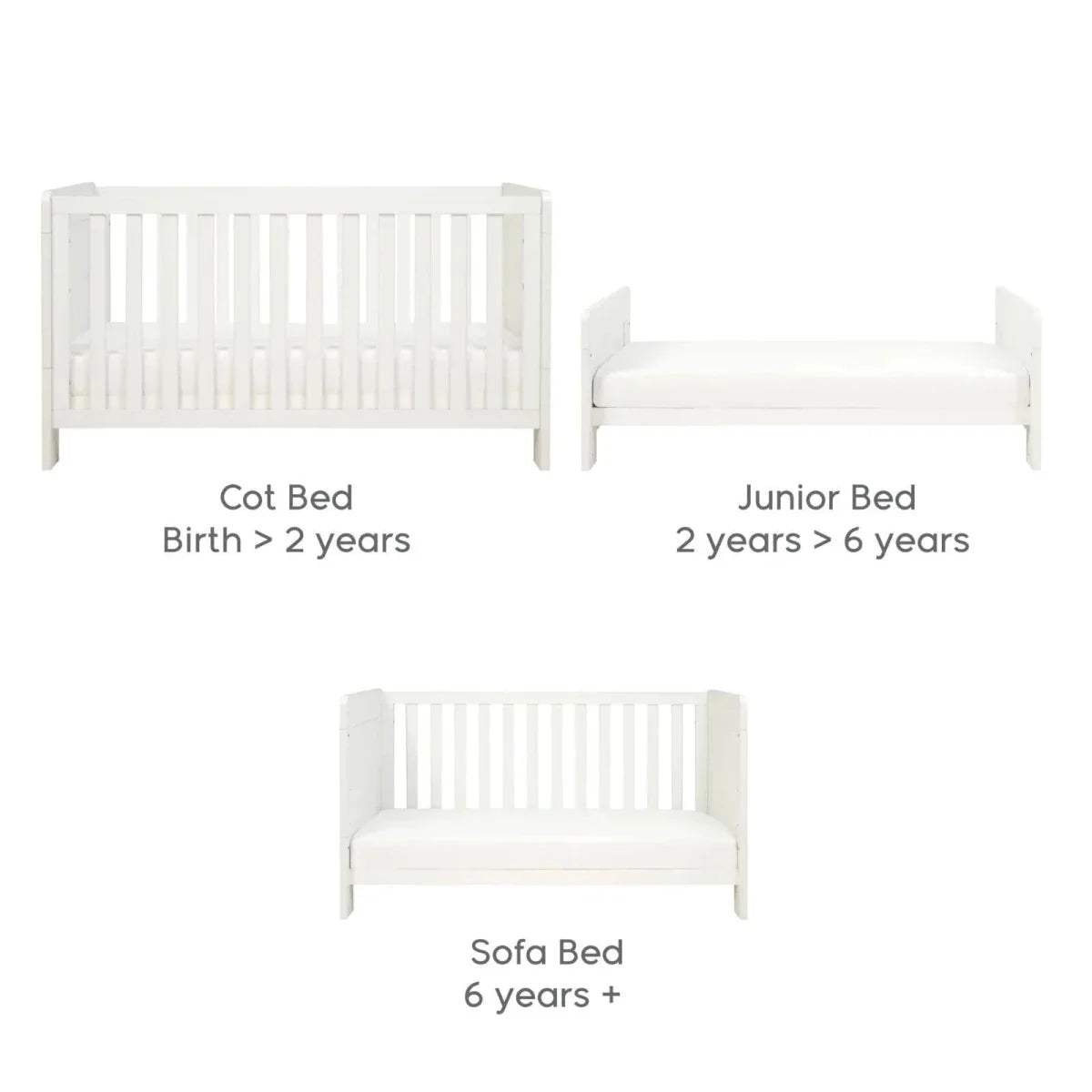 White convertible cot bed diagram showing cot, junior, and sofa bed positions