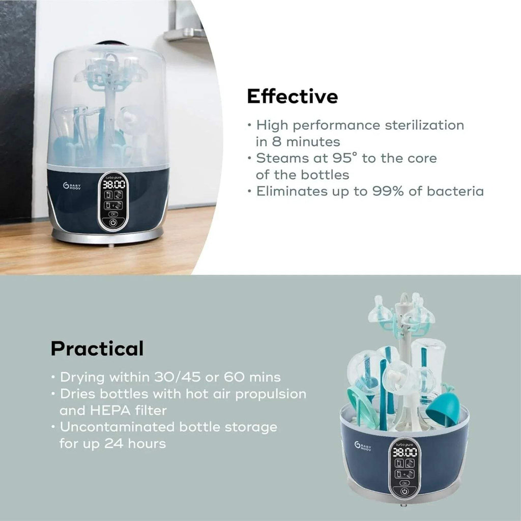 Babymoov Turbo Pure 3-in-1 steriliser and dryer on countertop with blue bottle stand
