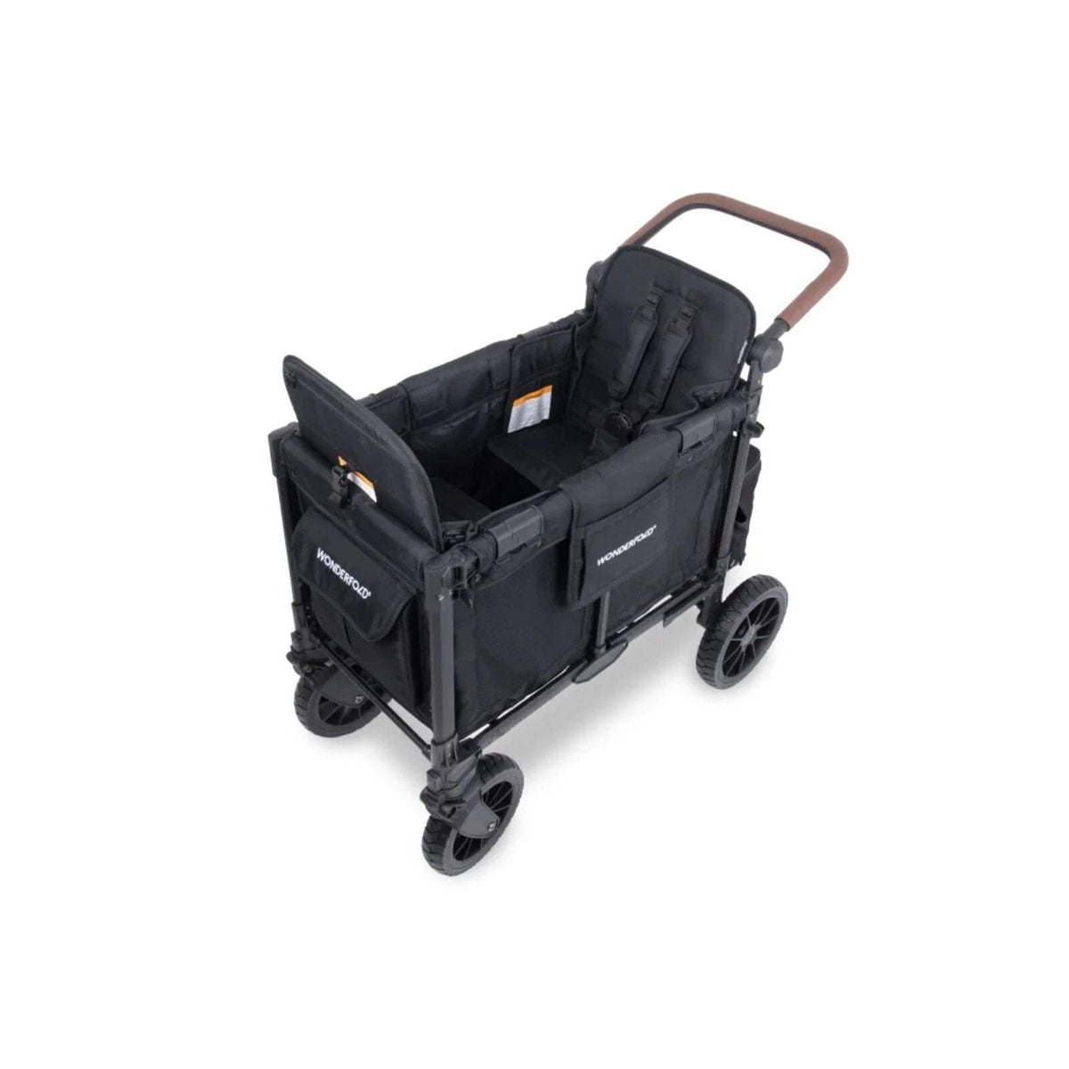 Jet black stroller wagon side view with canopy and multiple storage organizer panels