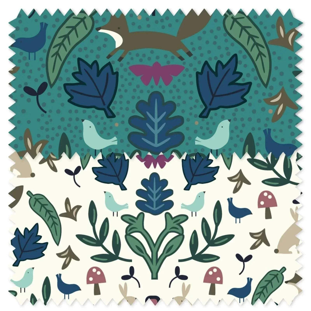 Printed fabric swatch with teal, green, and navy woodland animals and leaves
