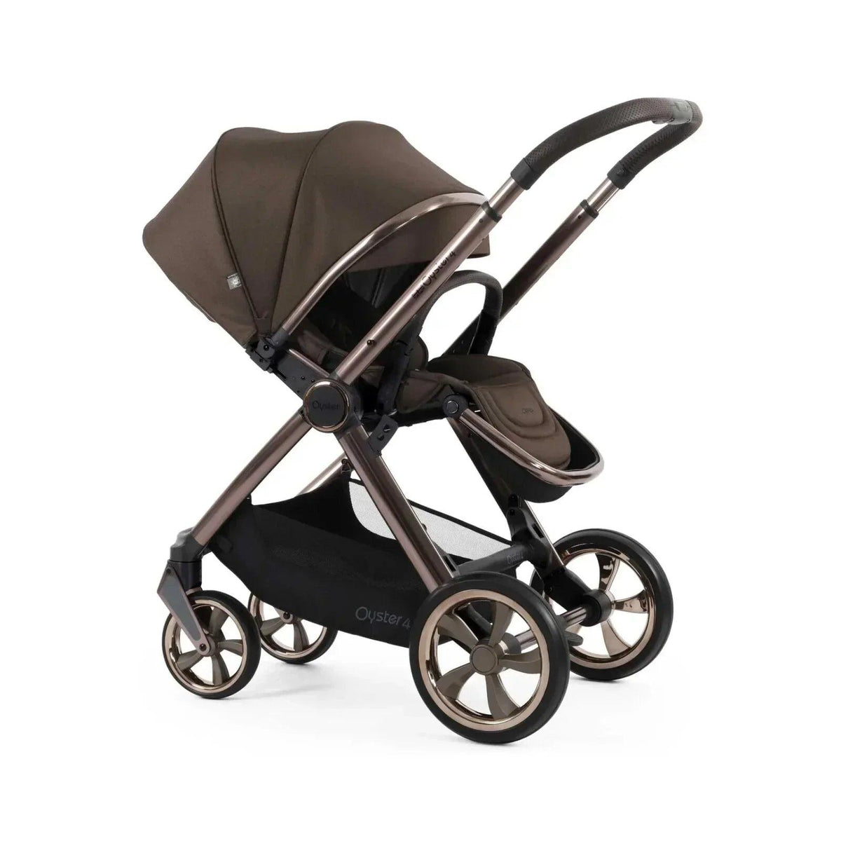 Chocolate velvet stroller with seat, harness, and silver frame, angled view