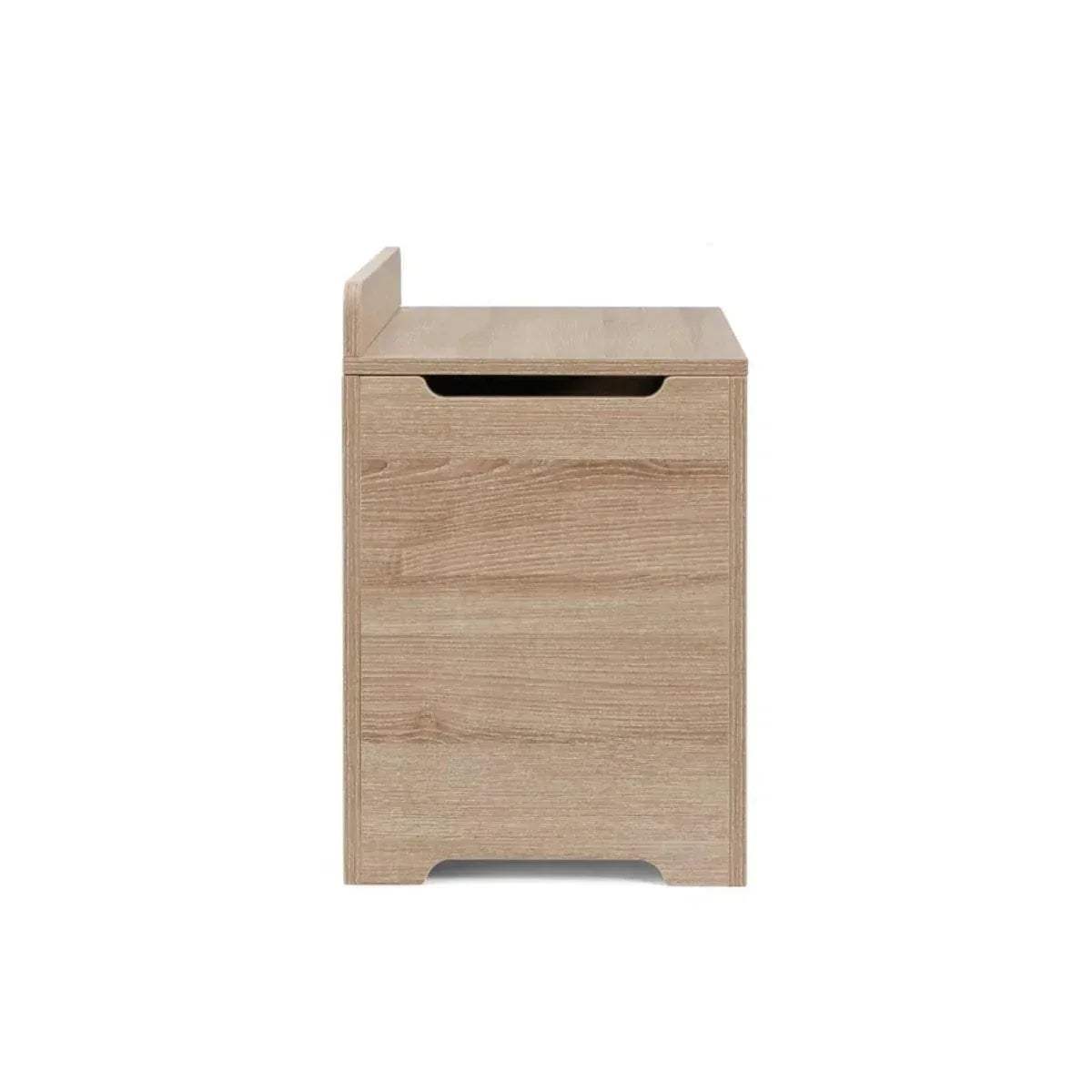 Closed oak wooden toy box with top lid and front handhold slot