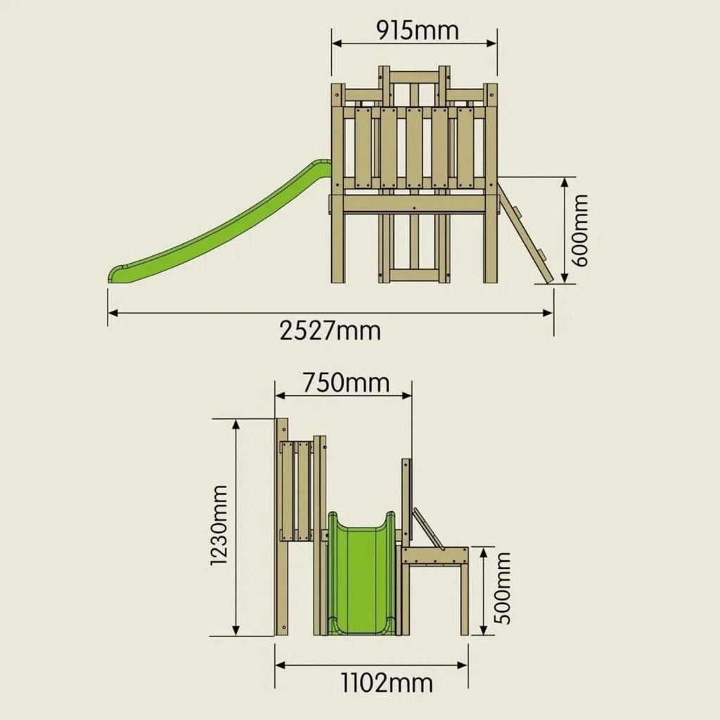 Climbing frame with slide dimensions diagram showing measurements and layout