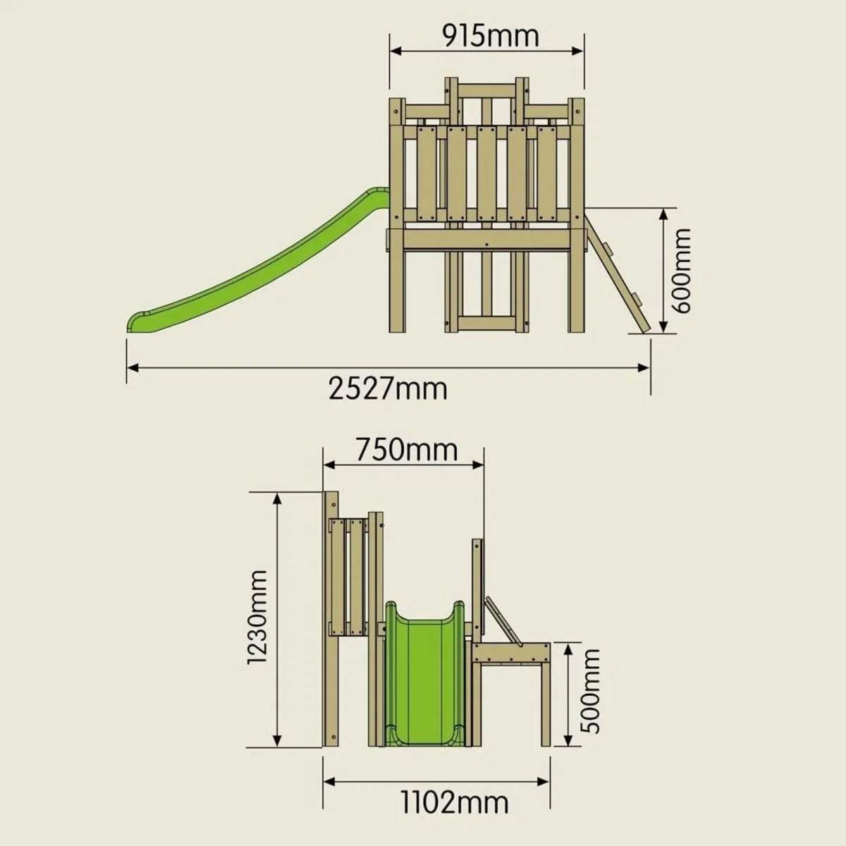 Climbing frame with slide dimensions diagram showing measurements and layout