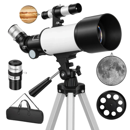 White astronomy telescope with black mount, tripod, eyepiece accessories, and carry bag