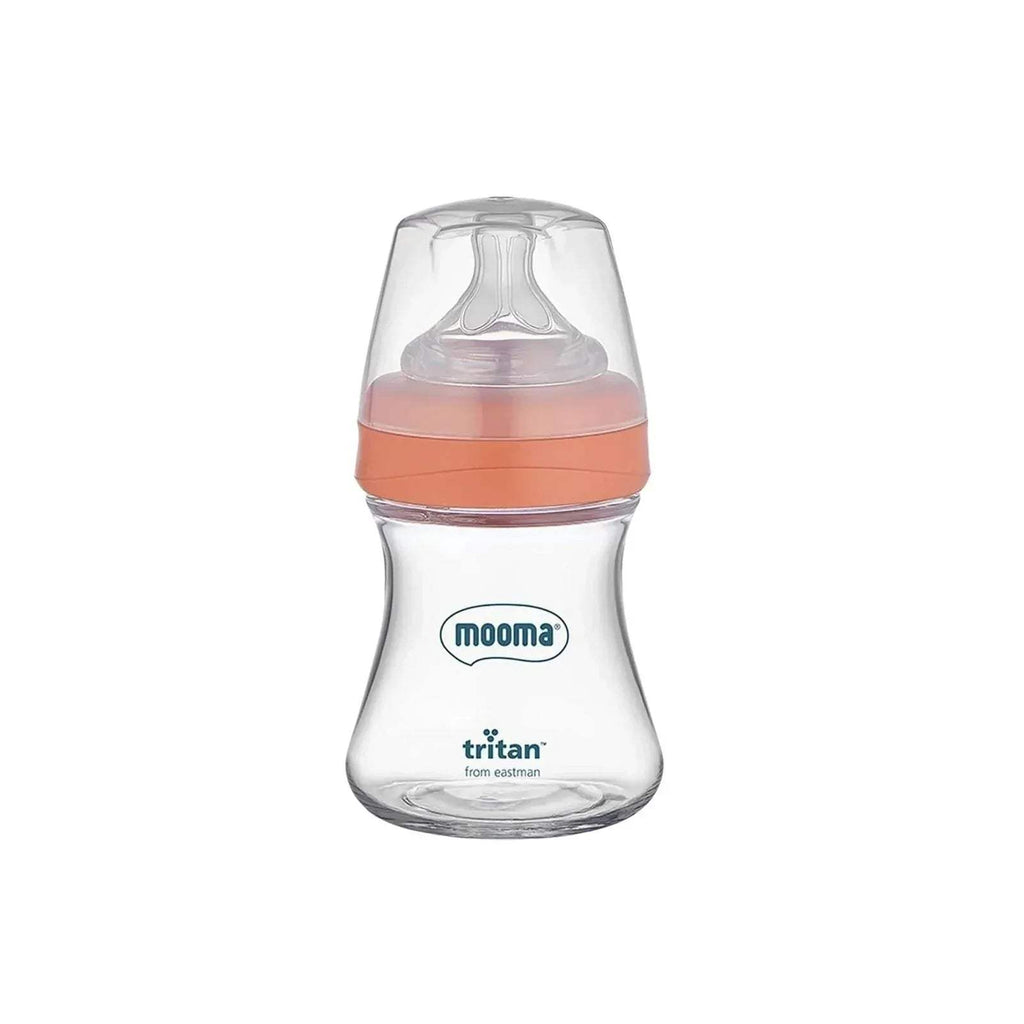 Coral pink baby feeding bottle with clear slow-flow teat, 150ml Tritan