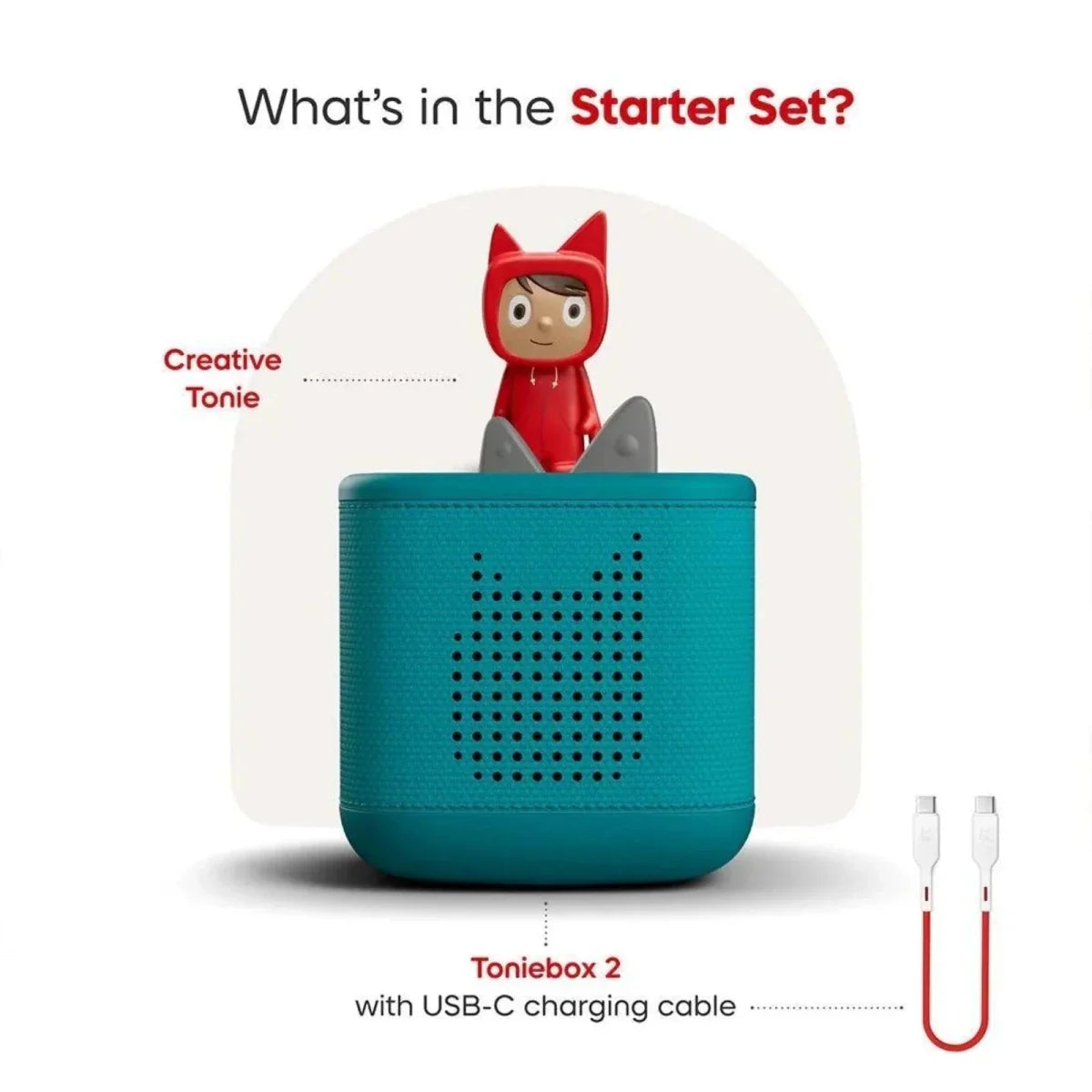 Teal Toniebox 2 with Creative Tonie figure and USB-C charging cable