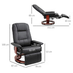 Black reclining swivel chair with footrest shown with product dimensions