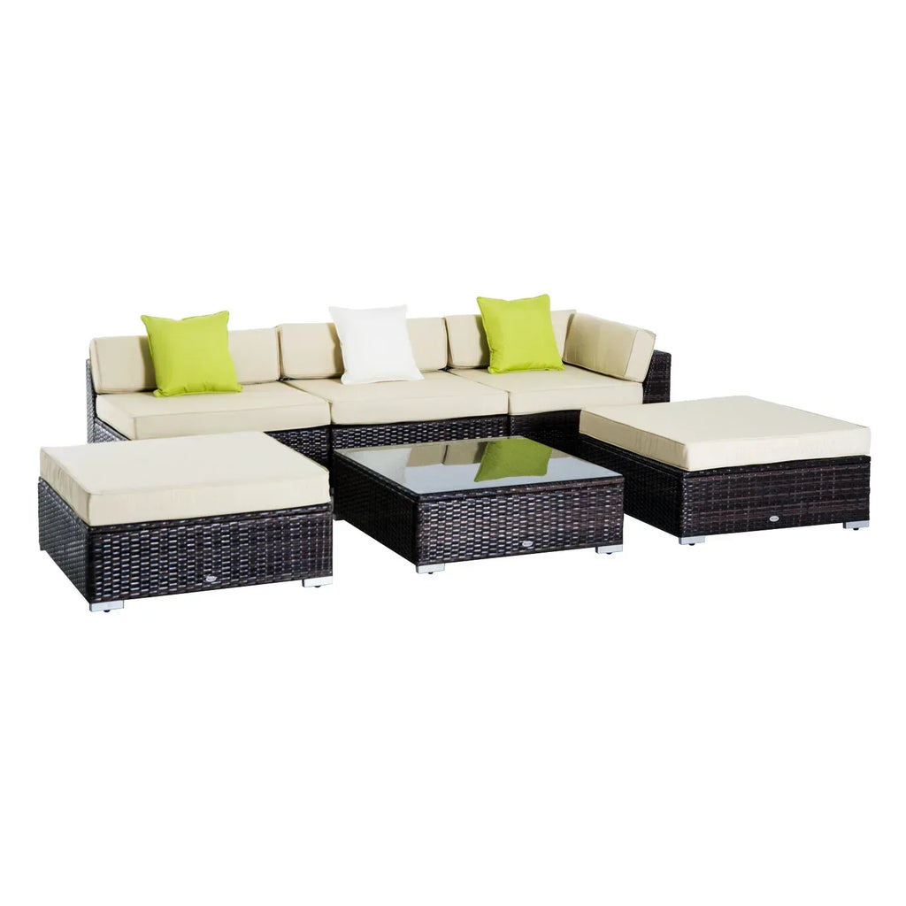 6 PC Rattan Sofa Coffee Table Set Sectional Wicker Weave Furniture for Garden Outdoor Conservatory w/ Pillow Cushion Brown - Bobobiy
