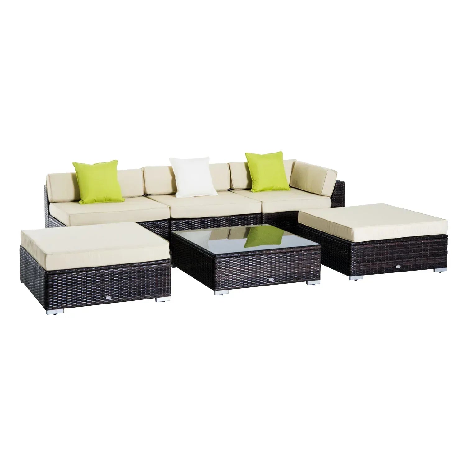 6 PC Rattan Sofa Coffee Table Set Sectional Wicker Weave Furniture for Garden Outdoor Conservatory w/ Pillow Cushion Brown - Bobobiy