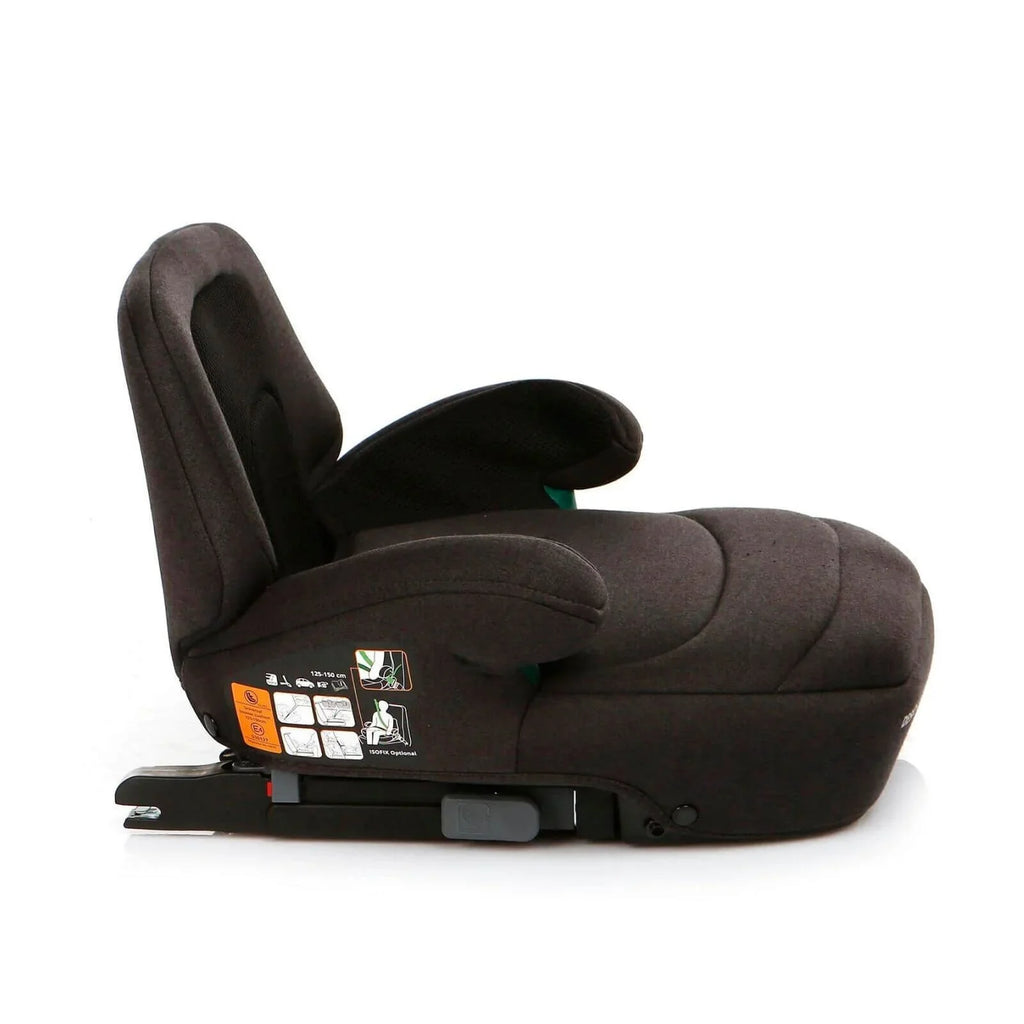 Black booster car seat side view with adjustable base and label panel