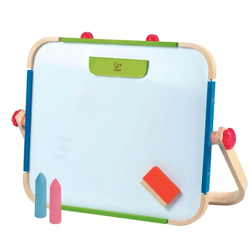 Portable drawing board with light blue screen, wood frame, green trim, colorful chalk pieces
