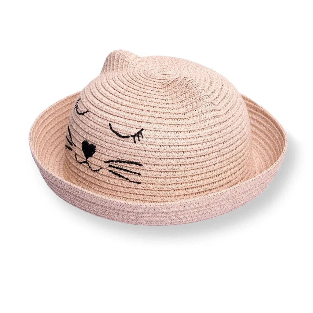 Light pink straw baby hat with wide brim and cat whisker and nose embroidery