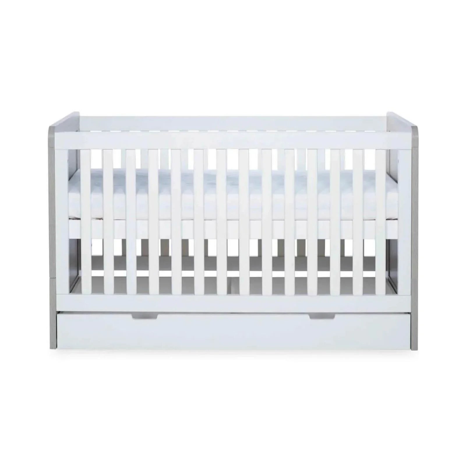 Grey-and-white baby cot interior with slatted safety sides
