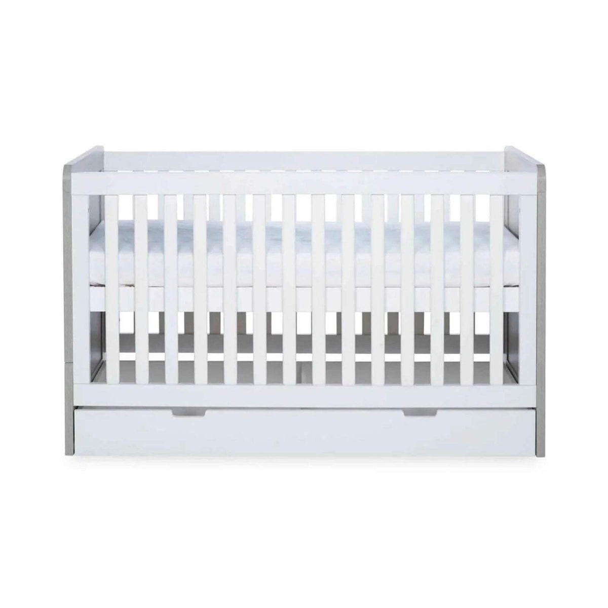 Ash grey and white cot bed back view with vertical safety rails