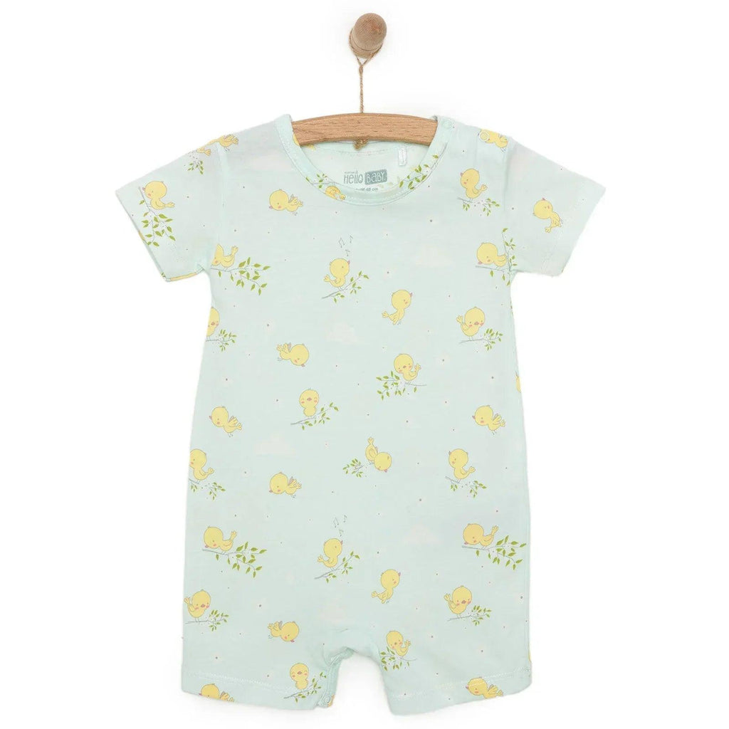 Light blue baby short romper with yellow chick and green sprig print, footless snap legs