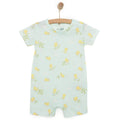 Light blue baby short romper with yellow chick and green sprig print, footless snap legs